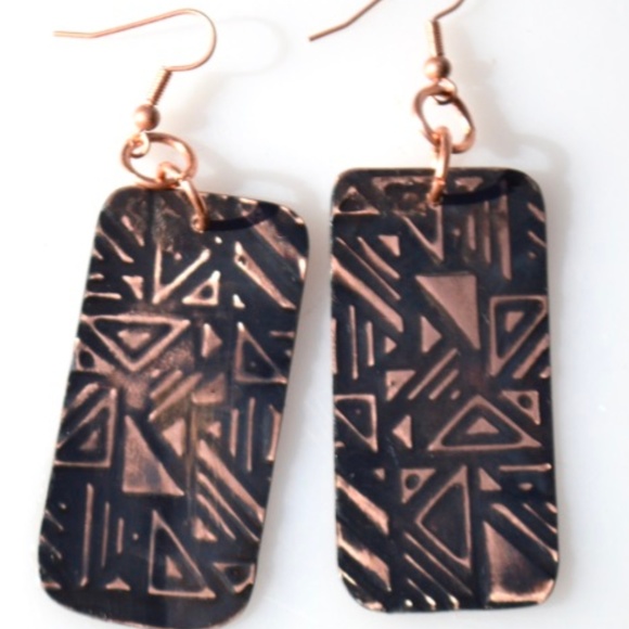 Copper Earrings Embossed Geometric Handmade Tribal - Picture 3 of 6